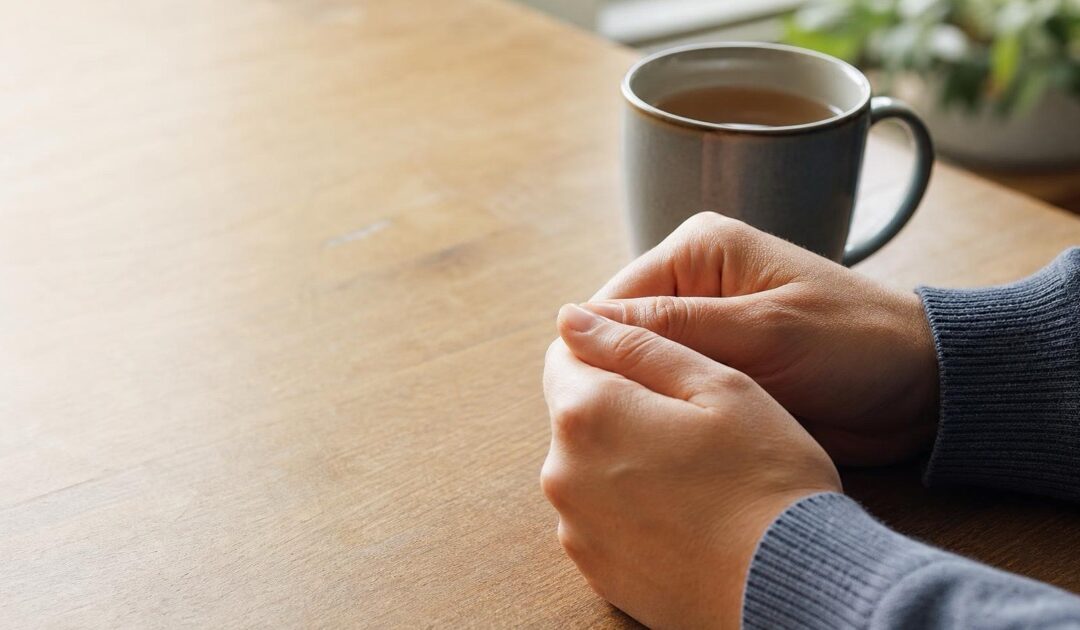 Clasped hands resting on a wooden table beside a mug of tea in soft morning light